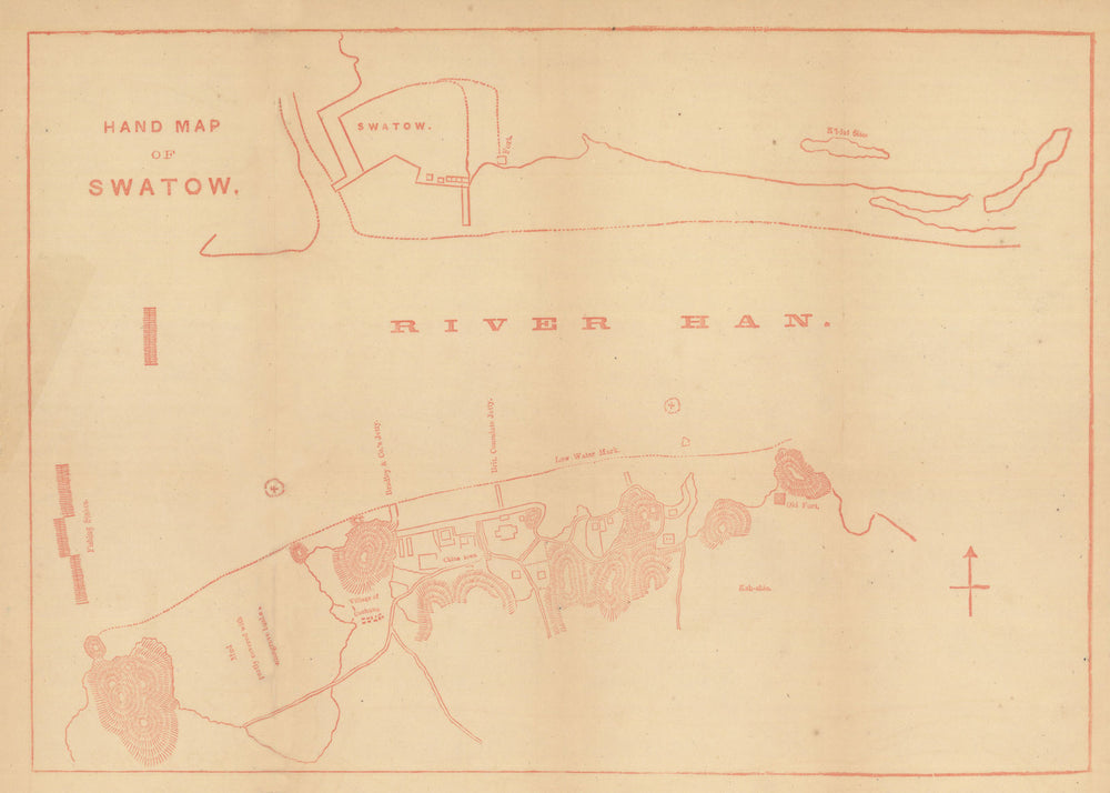 Hand map of Swatow—Shantou & Han River harbour—Dennys 1867 old antique