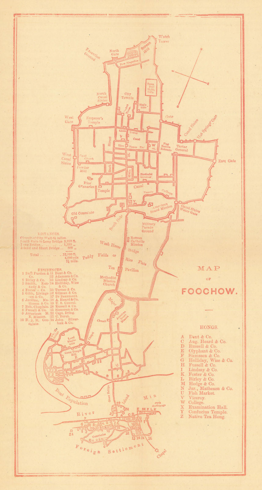 Map of Foochow—Fuzhou city & foreign settlements—Residences & Hongs—Dennys 1867
