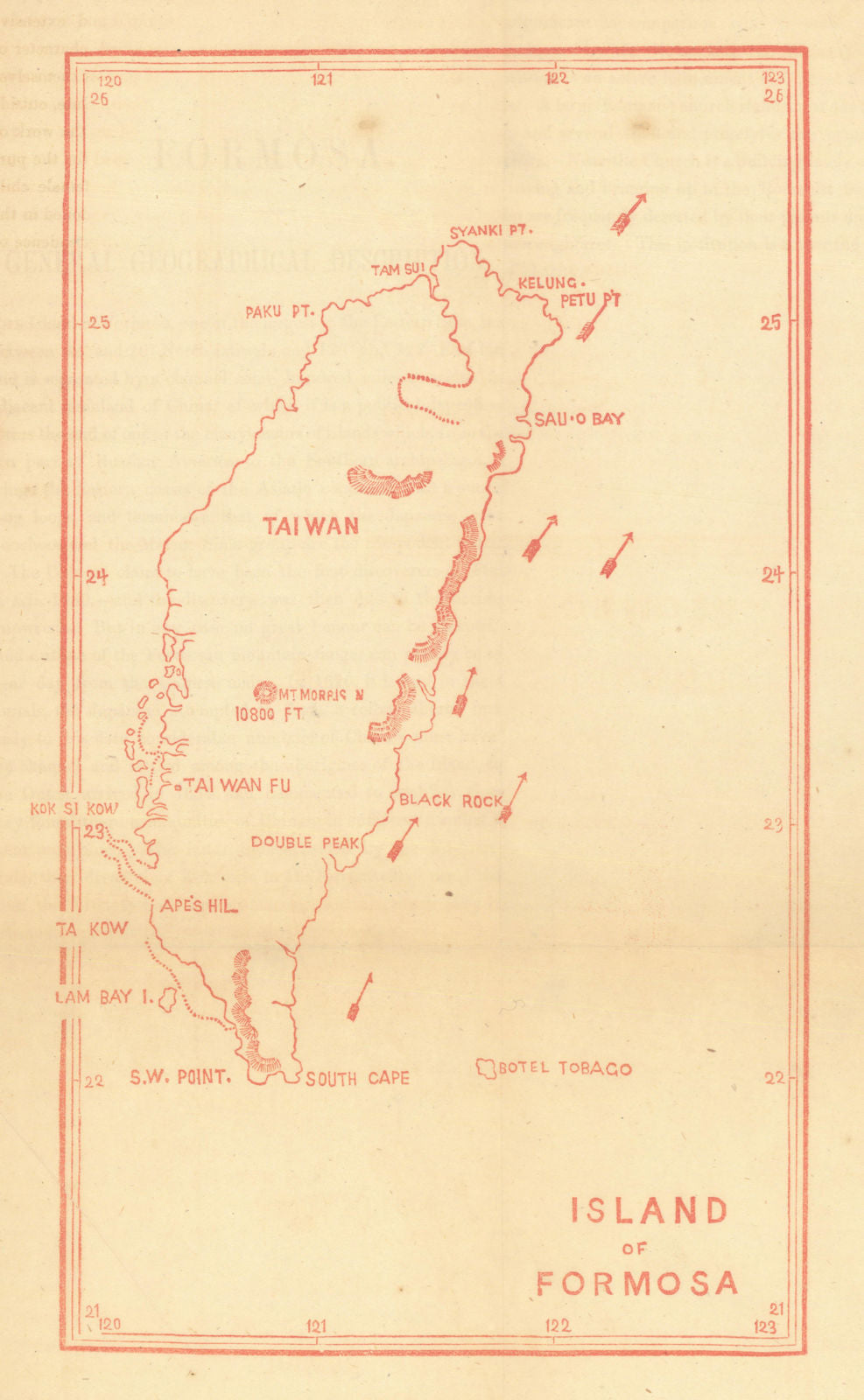 Island of Formosa—Taiwan island map—Dennys 1867 old antique plan chart