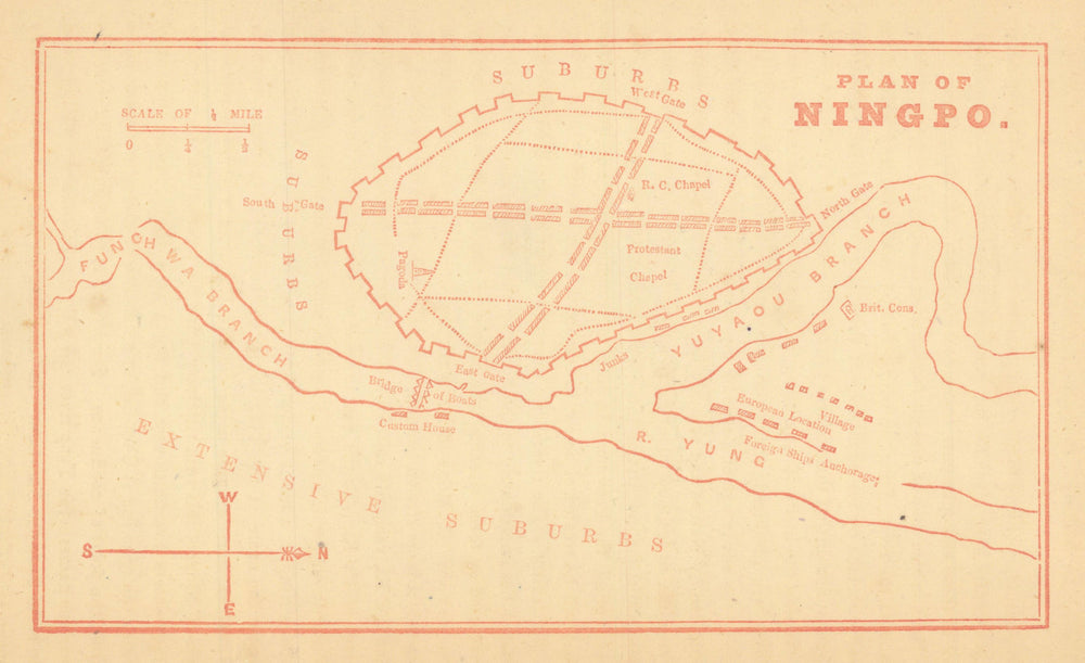 Plan of Ningpo—Ningbo, city walls & treaty-port riverfront—Dennys 1867 old map
