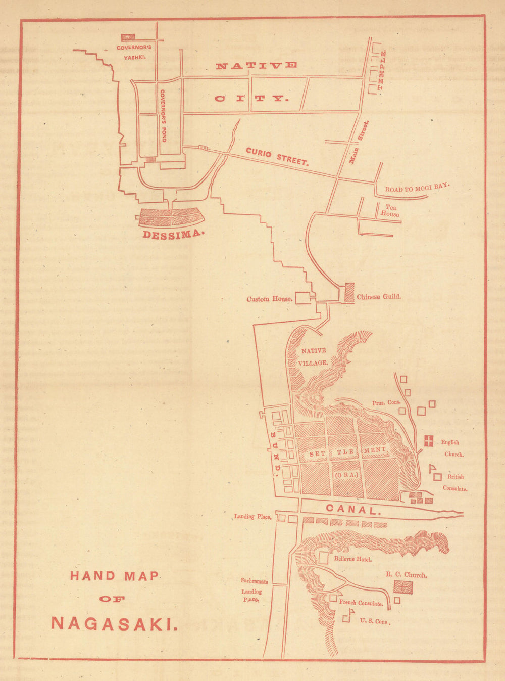Hand map of Nagasaki—Dejima & foreign settlement city plan—Dennys 1867 old