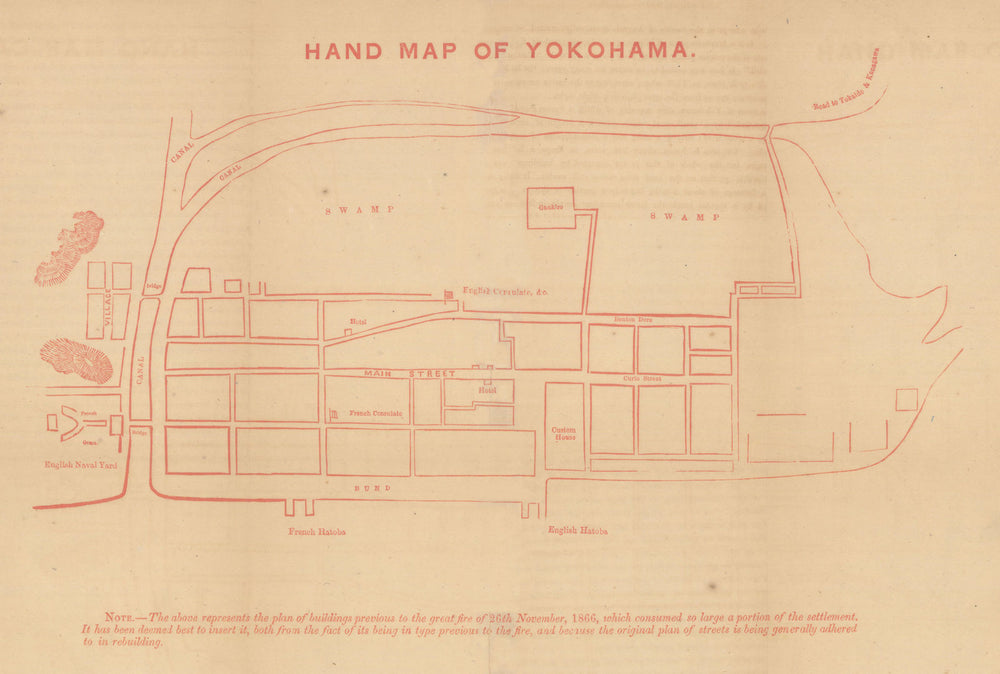 Hand map of Yokohama—settlement before 1866 fire—English naval yard—Dennys 1867