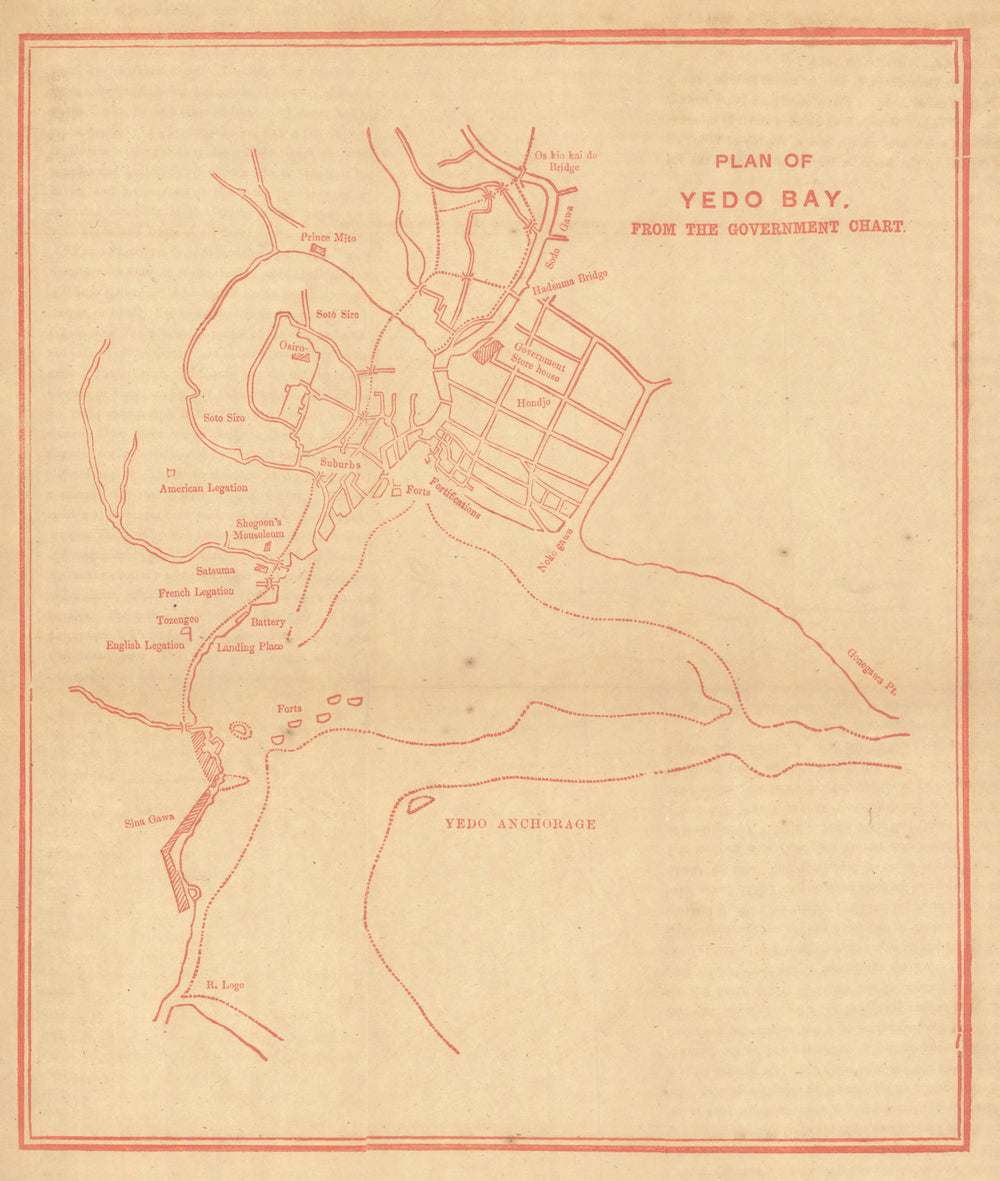 Plan of Yedo Bay… Tokyo waterfront, batteries & legations—Dennys 1867 old map