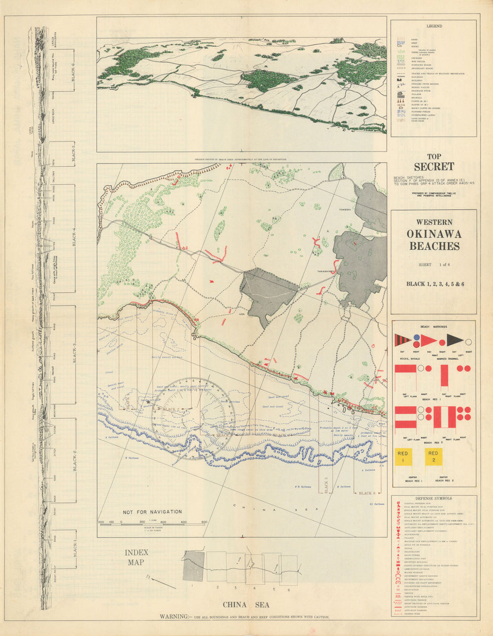 Western Okinawa Beaches—Black, Uza & Tokeshi—Top Secret US Navy assault map 1945