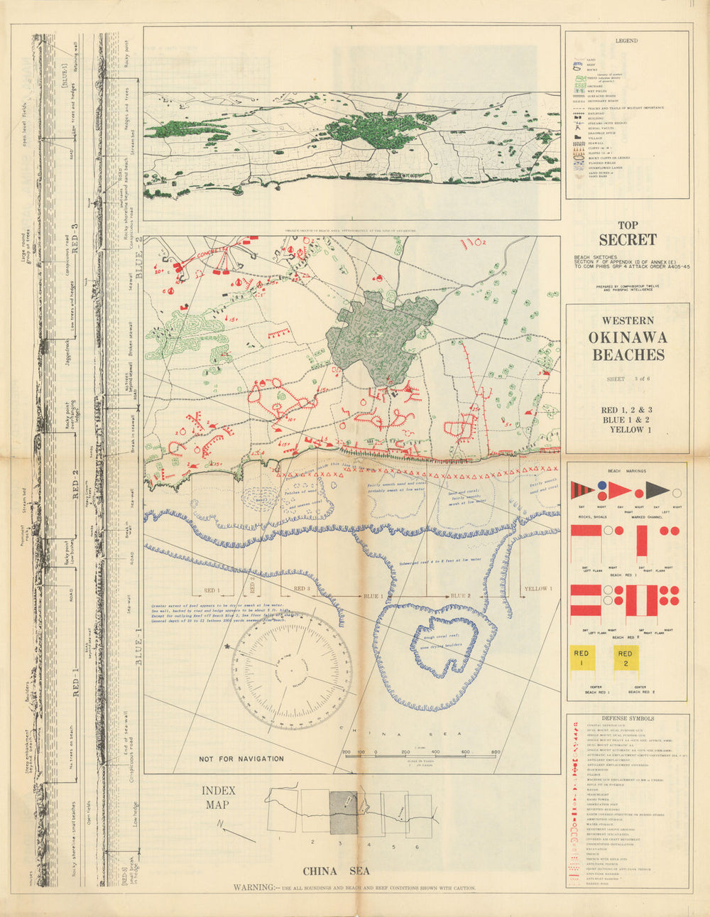 Western Okinawa Beaches—Red/Blue/Yellow—Sobe—Top Secret US Navy assault map 1945