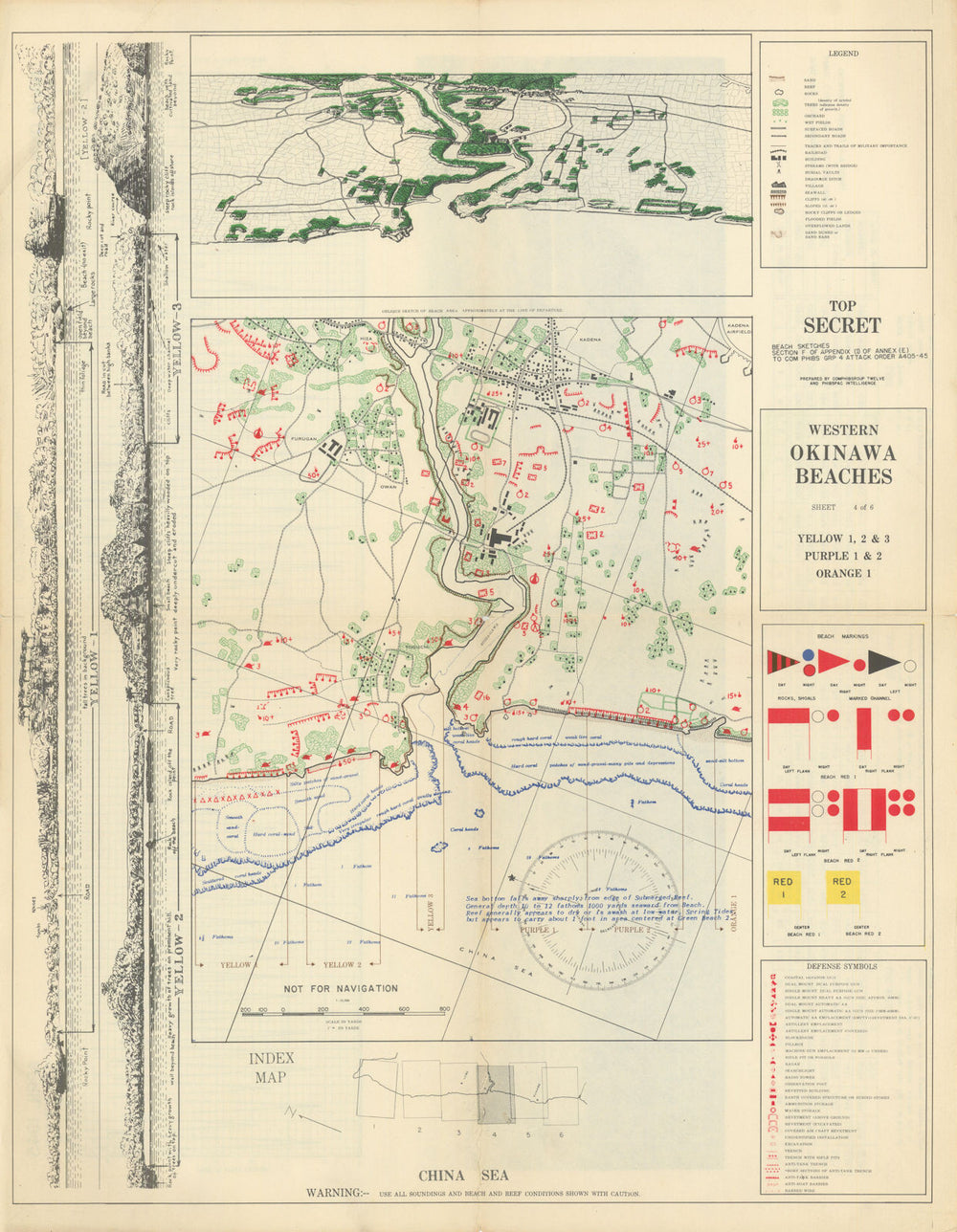 Western Okinawa Beaches—Kadena, Yellow/Purple/Orange—Top Secret US Navy map 1945