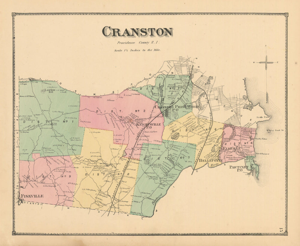 Cranston — Rhode Island town & landownership map — Daniel Glover Beers 1870