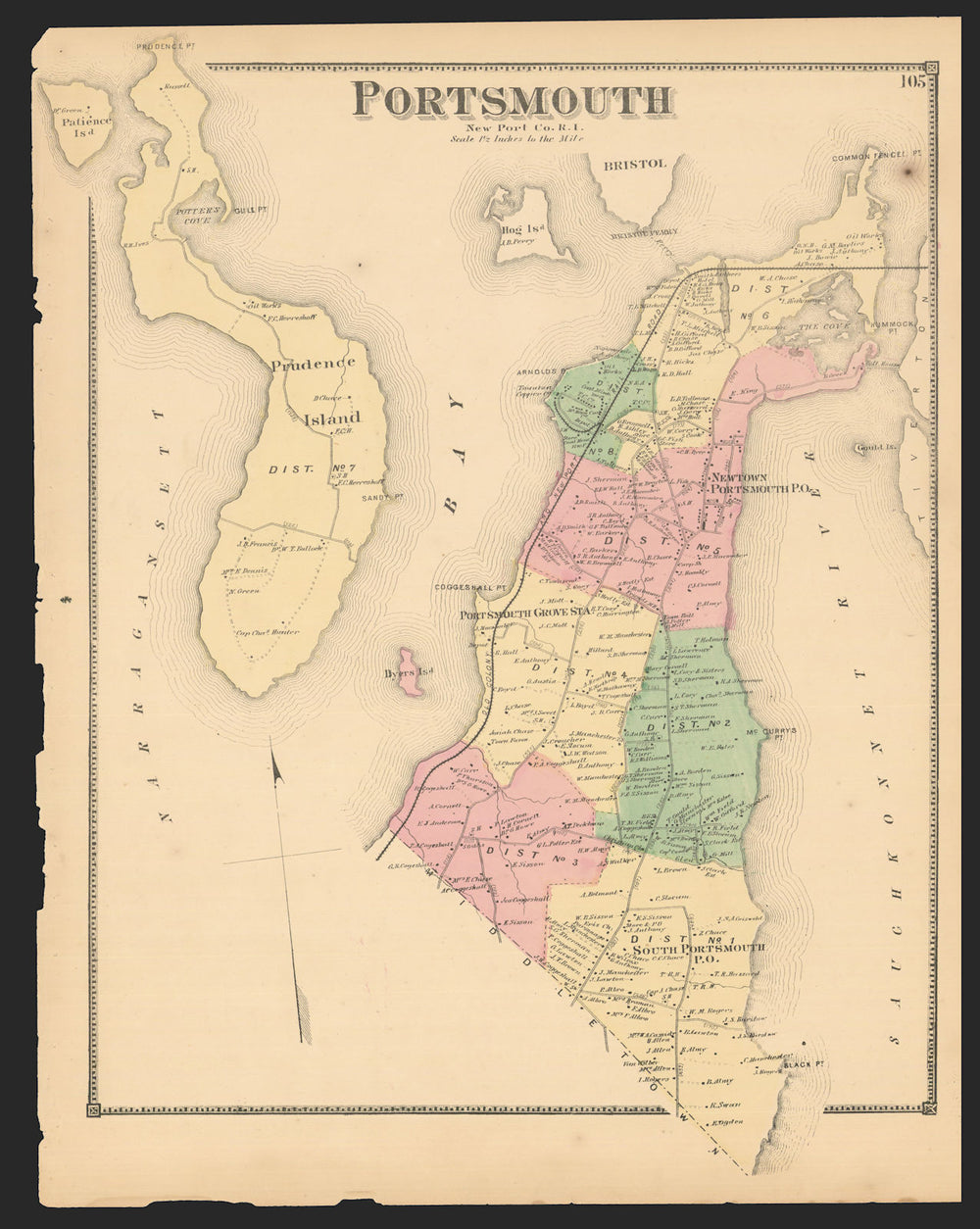 Portsmouth & Prudence Island — Rhode Island town map — Daniel Glover Beers 1870