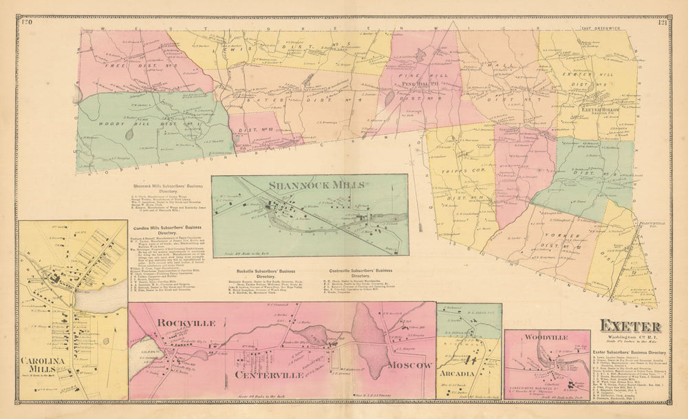 Exeter & Arcadia — folding Rhode Island town & village map — Daniel G Beers 1870