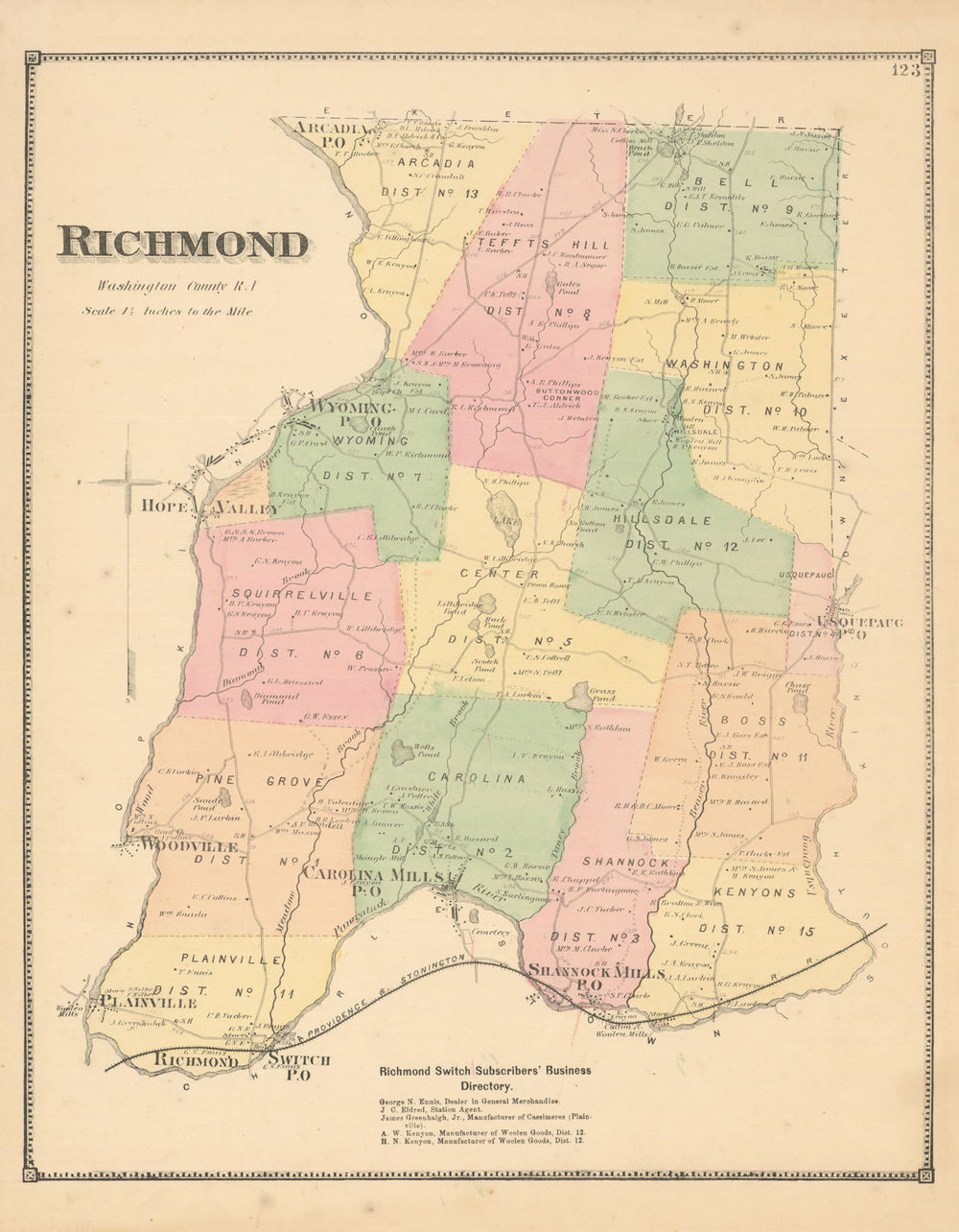 Richmond — Rhode Island town & landownership map — Daniel Glover Beers 1870
