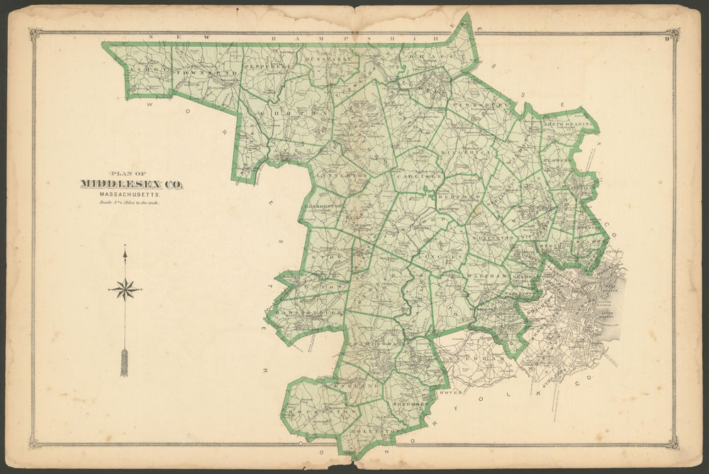 Middlesex County — Massachusetts county map — F. W. Beers 1875 old antique
