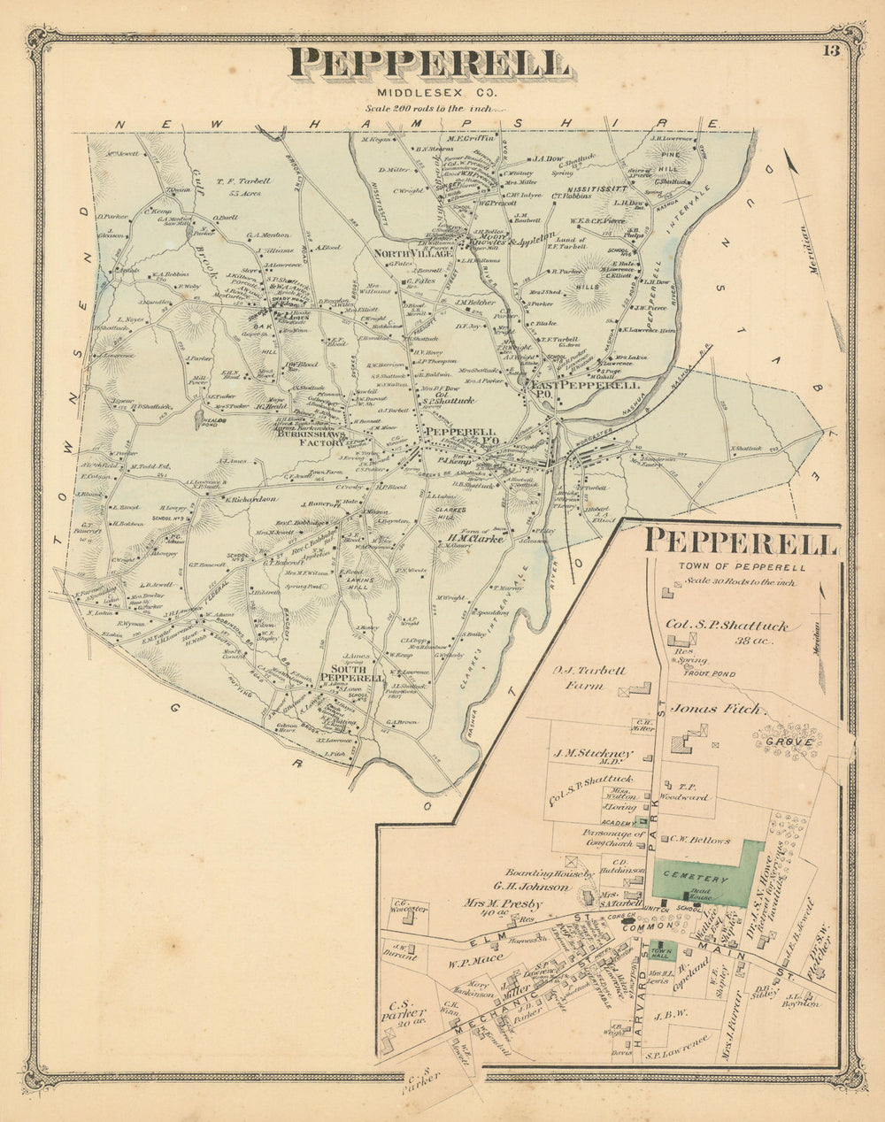 Pepperell — Massachusetts town & land ownership plan — F. W. Beers 1875 map