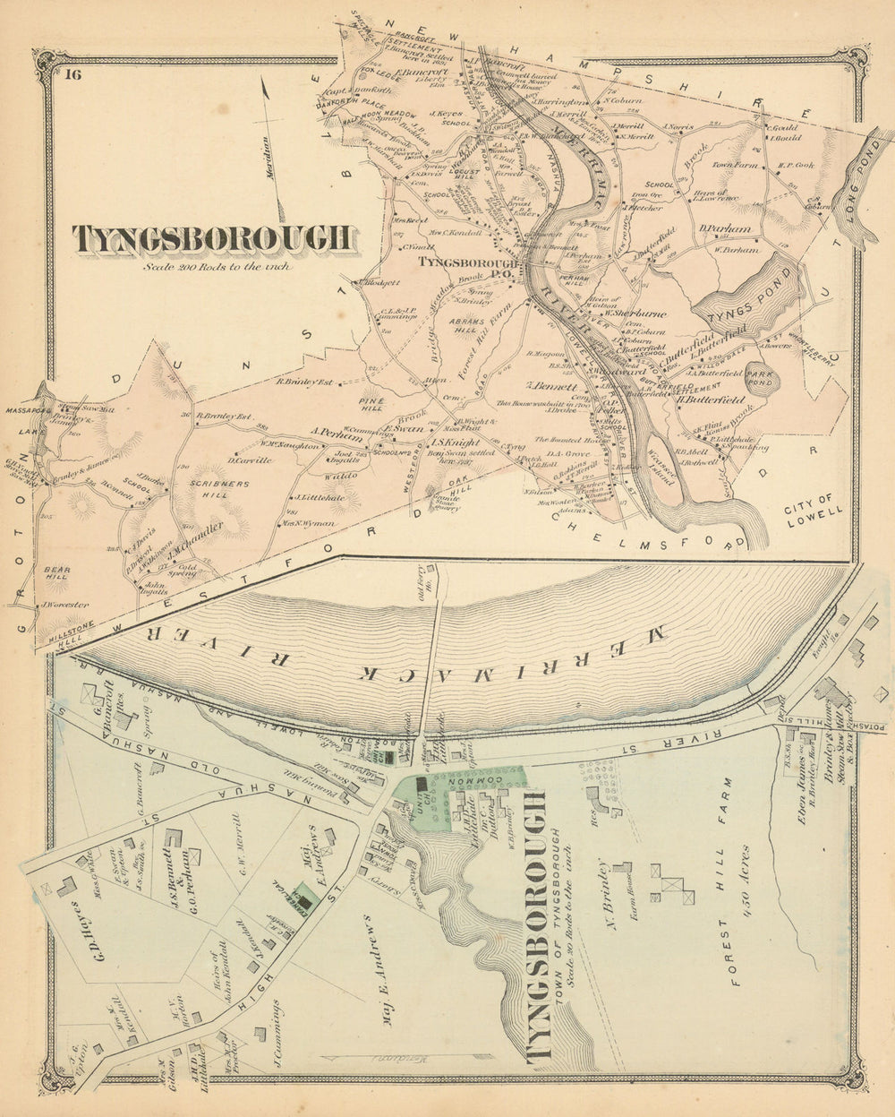Tyngsborough — Massachusetts town & land ownership plan — F. W. Beers 1875 map