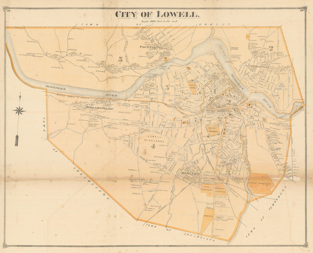 City of Lowell — large folding city plan — Massachusetts — F. W. Beers 1875 map