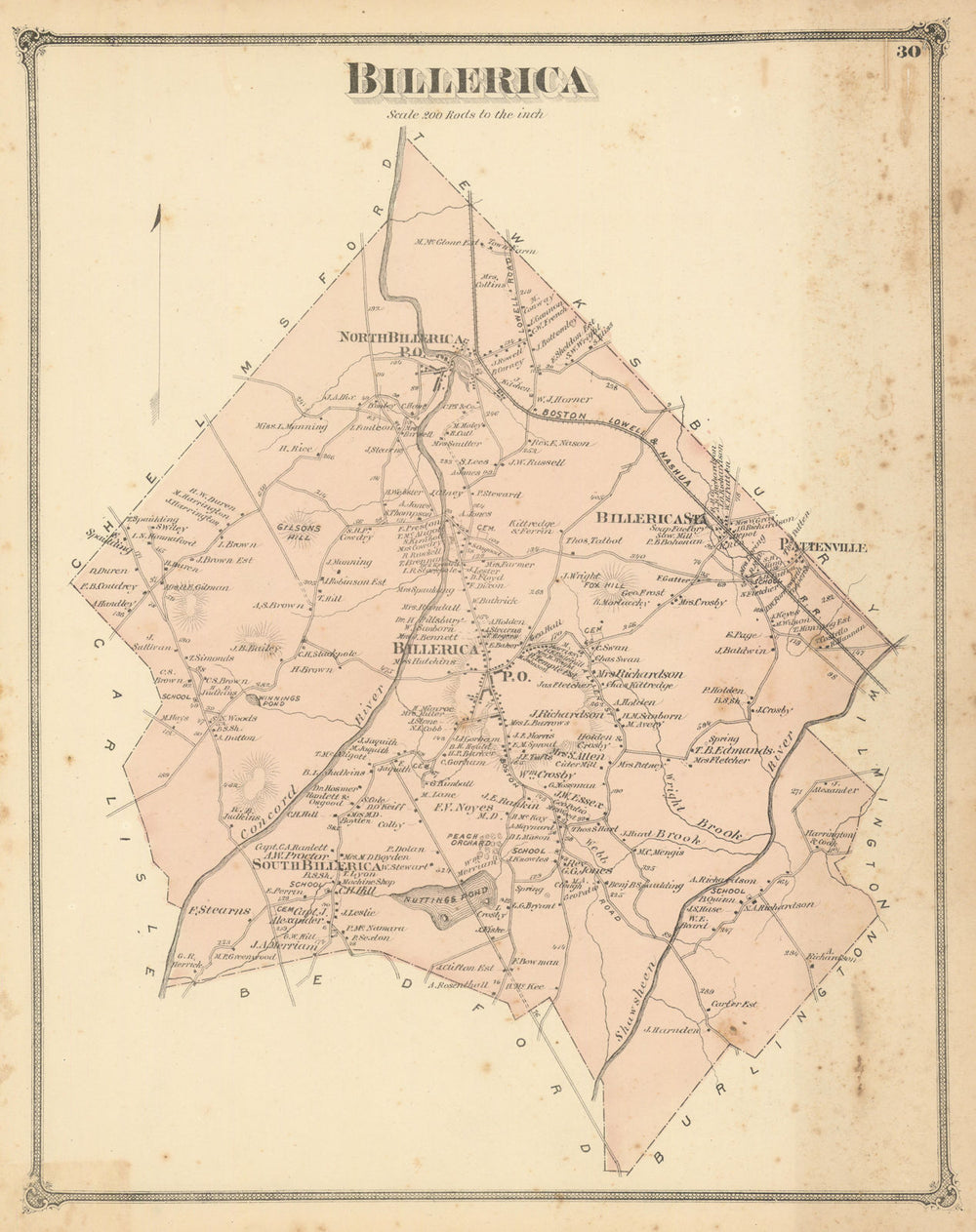Billerica — Massachusetts town & land ownership plan — F. W. Beers 1875 map