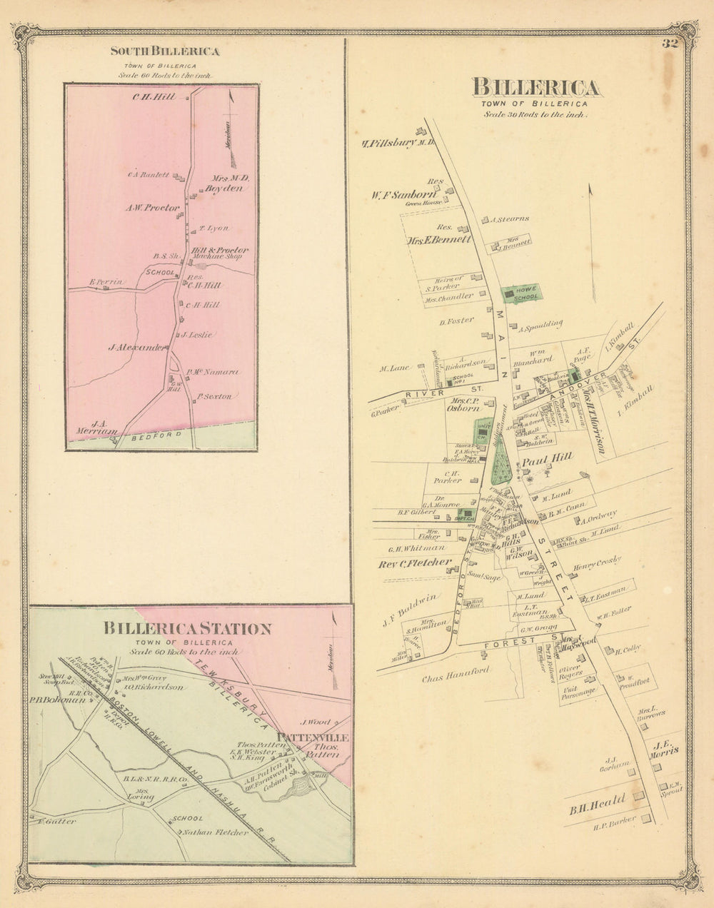 Billerica & Billerica Station — Massachusetts town plans — F. W. Beers 1875 map