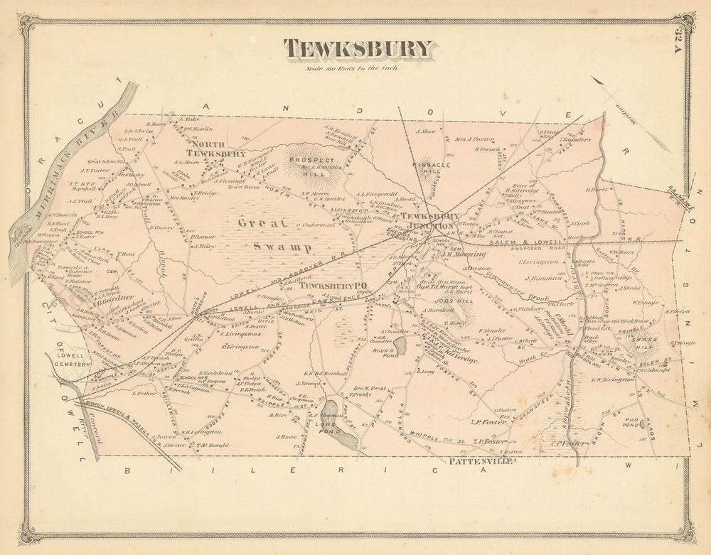 Tewksbury — Massachusetts town & land ownership plan — F. W. Beers 1875 map