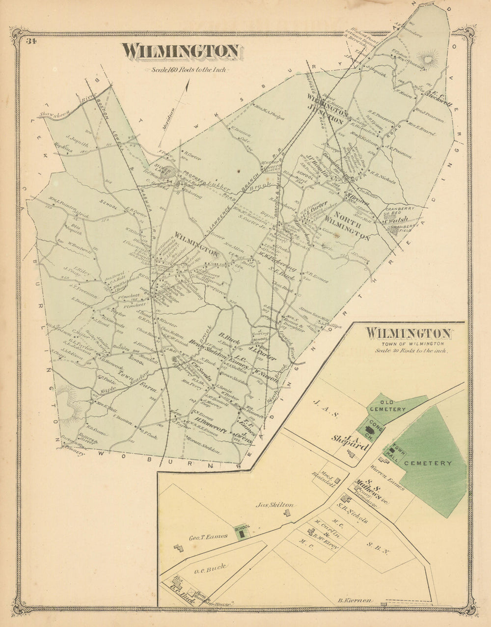 Wilmington — Massachusetts town & land ownership plan — FW Beers 1875 old map