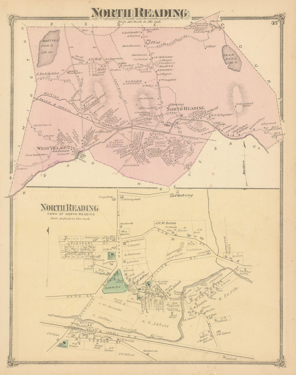 North Reading — Massachusetts town & land ownership plan — FW Beers 1875 map
