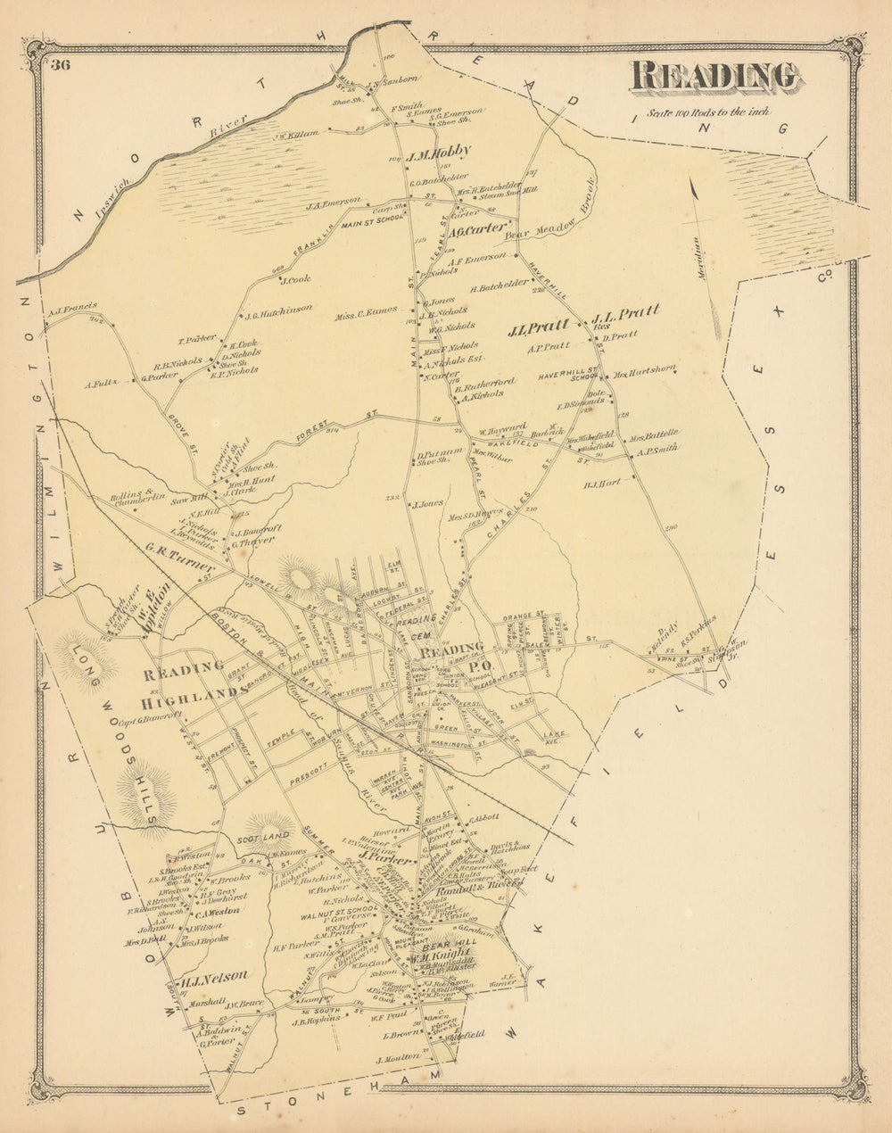 Reading — Massachusetts town & land ownership plan — Frederick W. Beers 1875 map