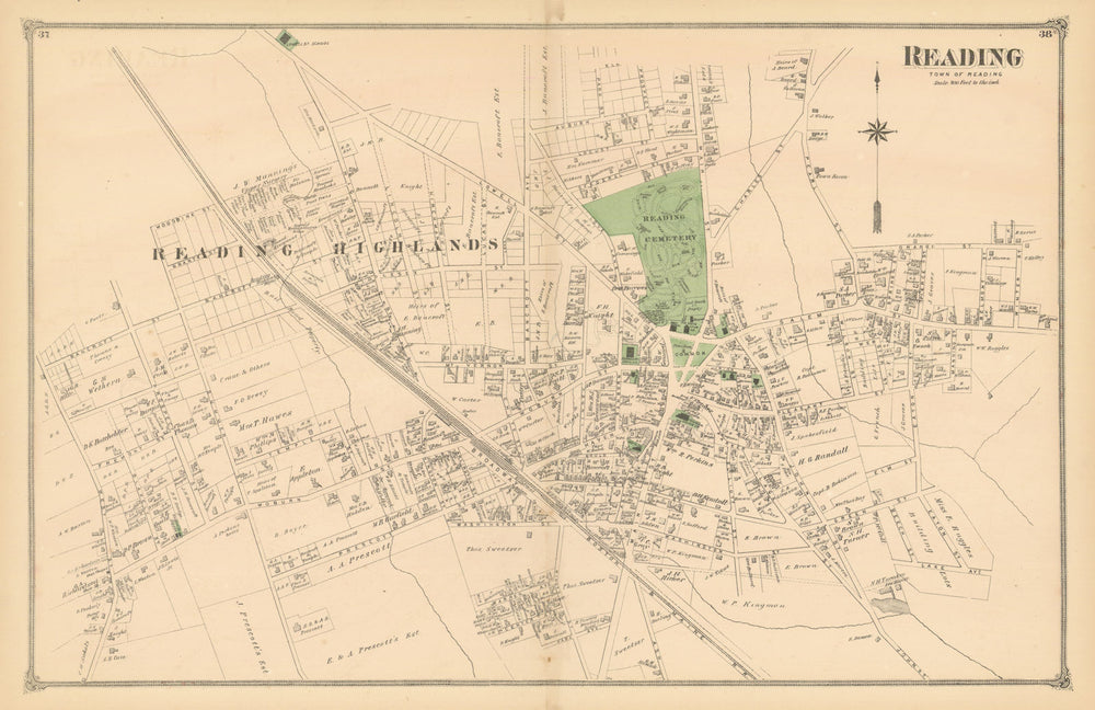 Reading village—town centre & street plan—Massachusetts—F. W. Beers 1875 map