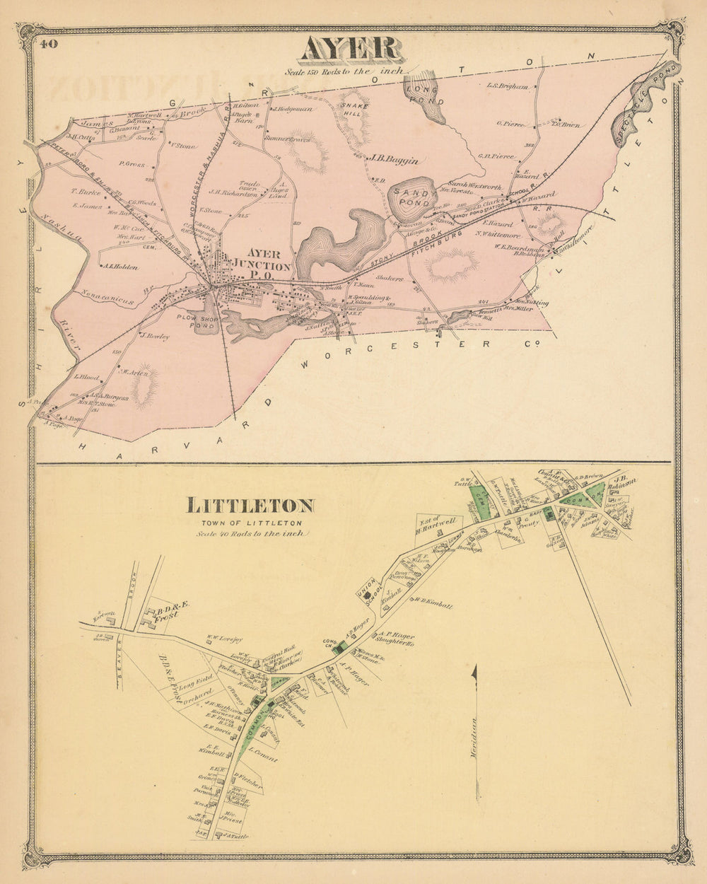 Ayer & Littleton — Massachusetts town plans — F. W. Beers 1875 old antique map