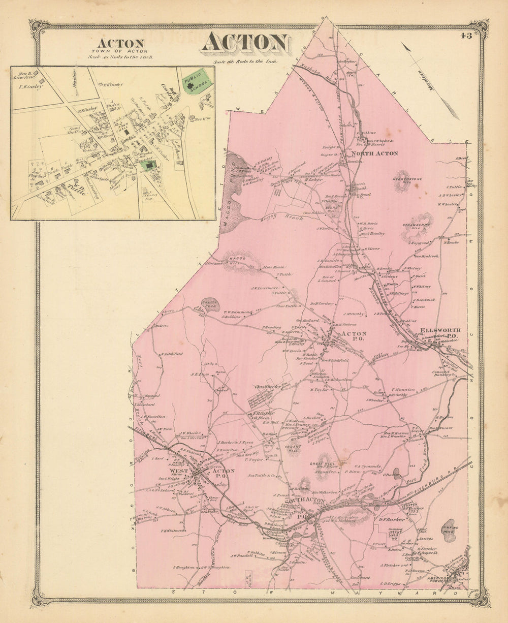 Acton — Massachusetts town & land ownership plan — Frederick W. Beers 1875 map