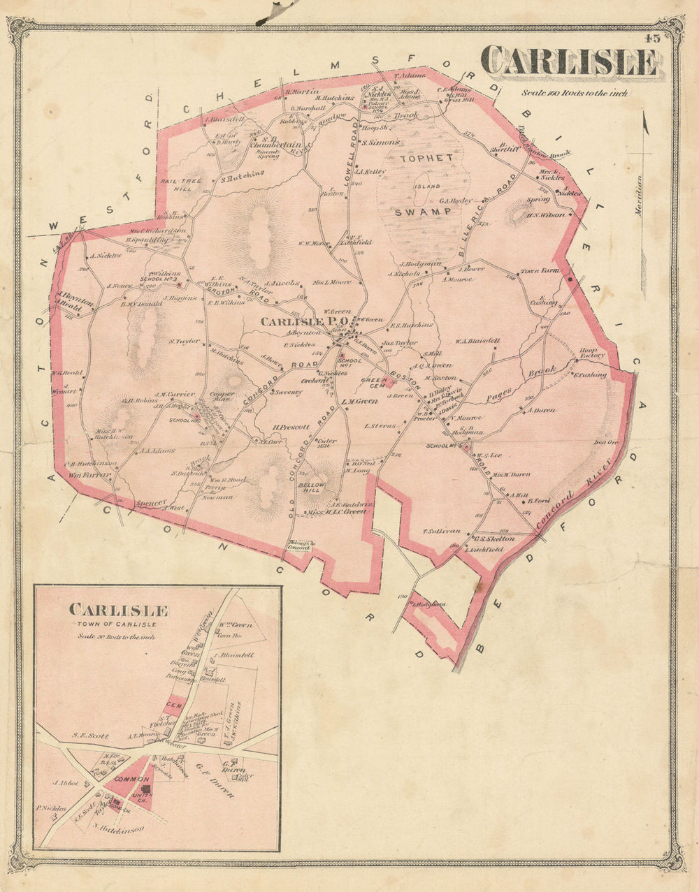 Carlisle — Massachusetts town & land ownership plan — Frederick W Beers 1875 map