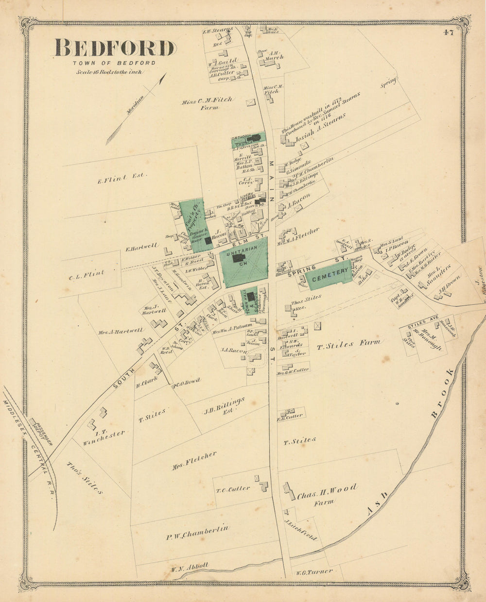 Bedford — village & street plan — Massachusetts — Frederick W. Beers 1875 map