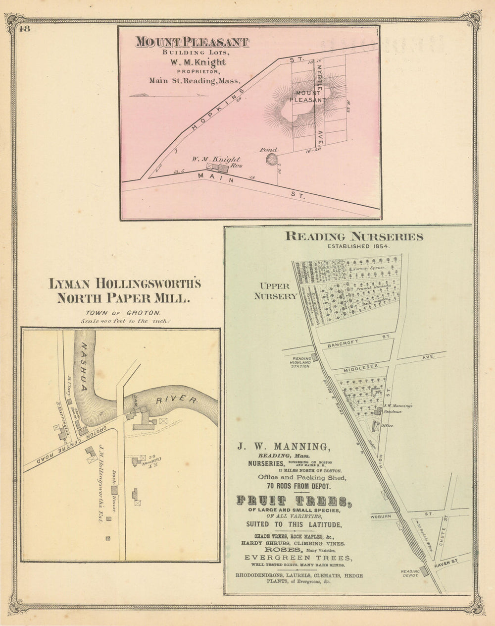 Reading & Groton—building-lot, nursery & paper-mill plans—F. W. Beers 1875 map