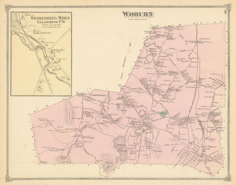 Woburn & Wetherbee’s Mills, Acton — Massachusetts plans — F. W. Beers 1875 map