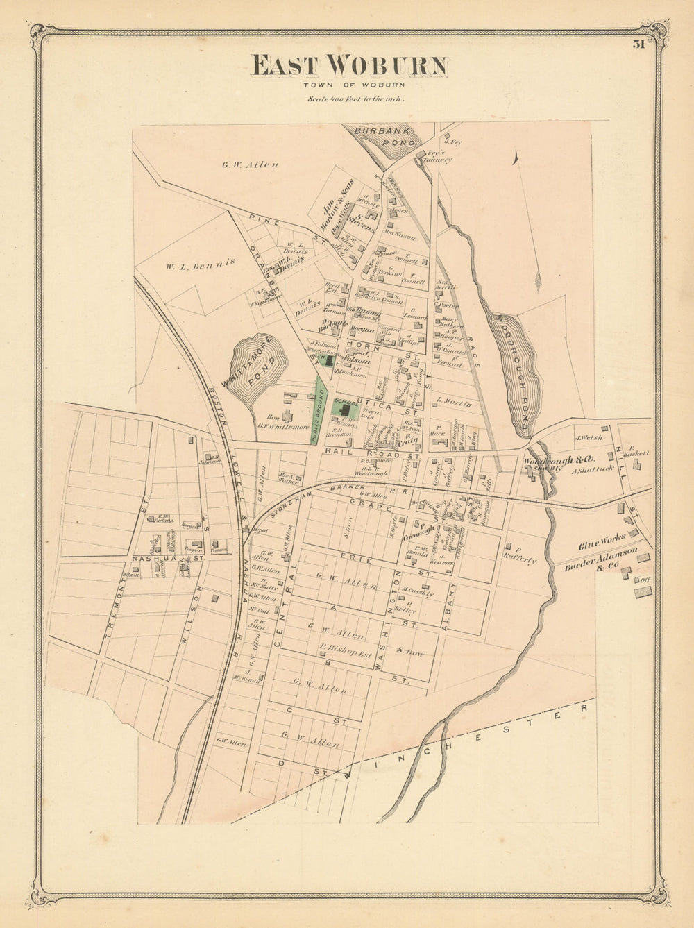 East Woburn — neighbourhood & street plan — Massachusetts — F. W. Beers 1875 map