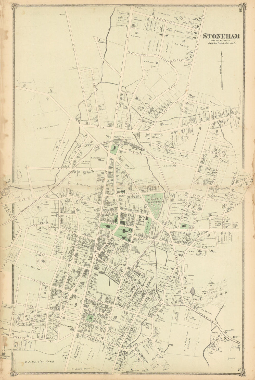 Stoneham village—town centre & street plan—Massachusetts—F. W. Beers 1875 map