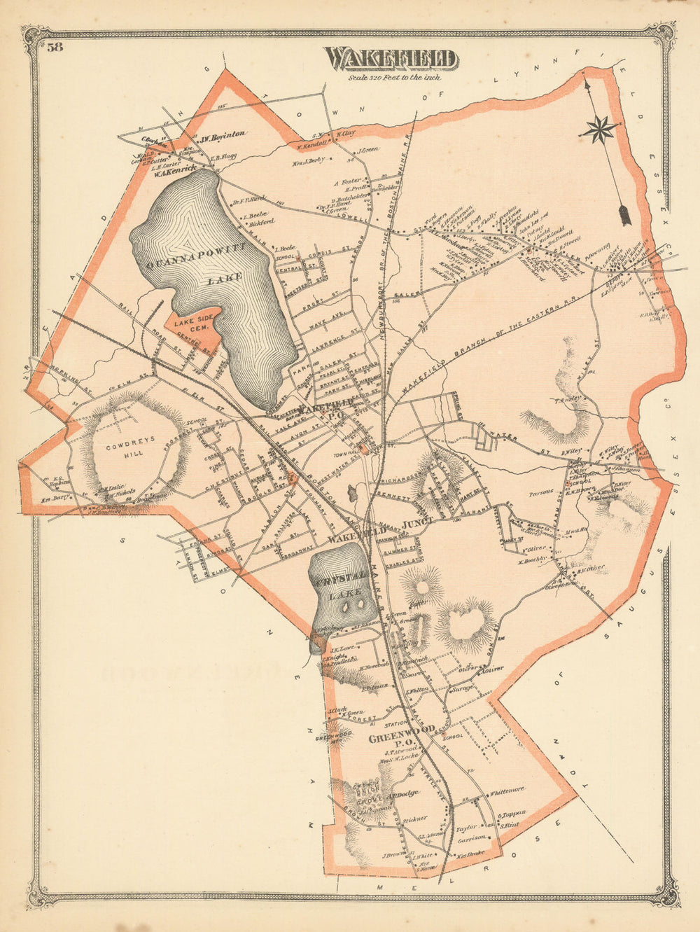 Wakefield — Massachusetts town & land ownership plan — F. W. Beers 1875 map