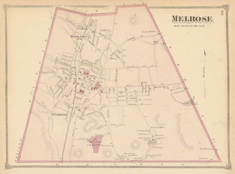 Melrose — Massachusetts town & land ownership plan — Frederick W. Beers 1875 map
