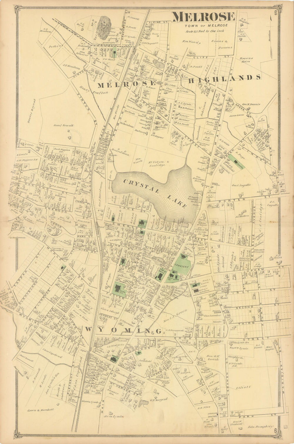 Melrose village—town centre & street plan—Massachusetts—F. W. Beers 1875 map