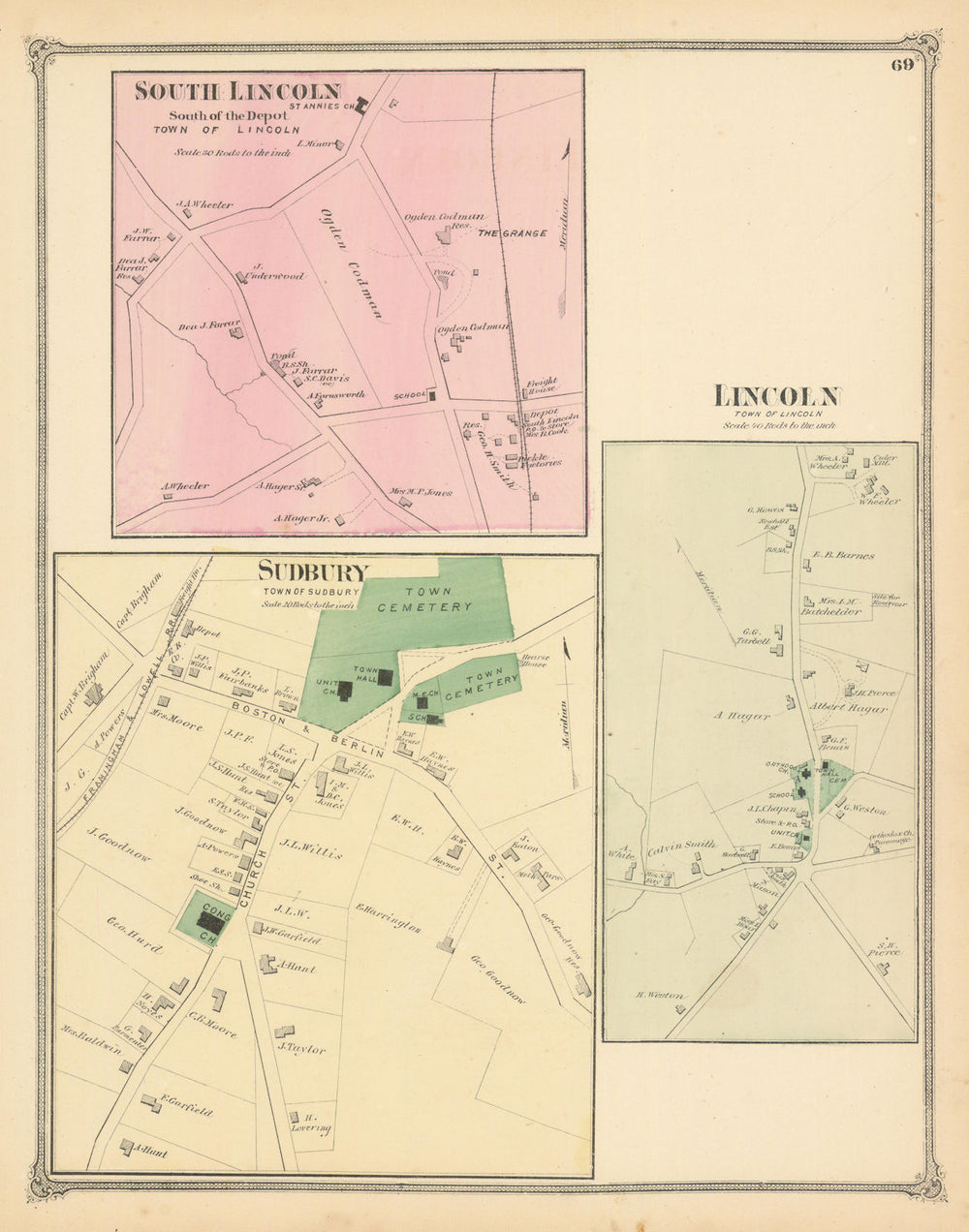 South Lincoln, Lincoln & Sudbury—Massachusetts village plans—FW Beers 1875 map
