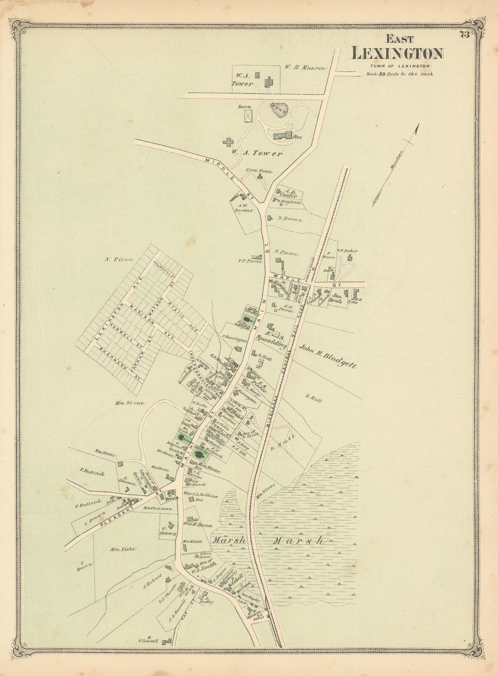 East Lexington — village & street plan — Massachusetts — F. W. Beers 1875 map