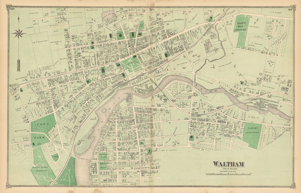 Waltham village—town centre & street plan—Massachusetts—F. W. Beers 1875 map
