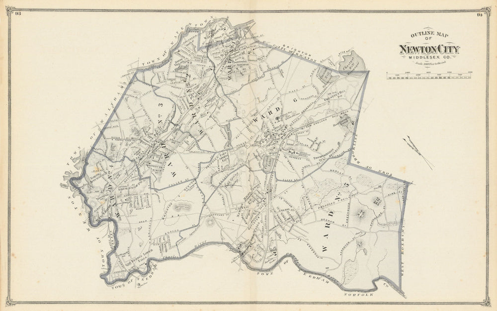 Newton City — outline plan — Massachusetts — F. W. Beers 1875 old antique map