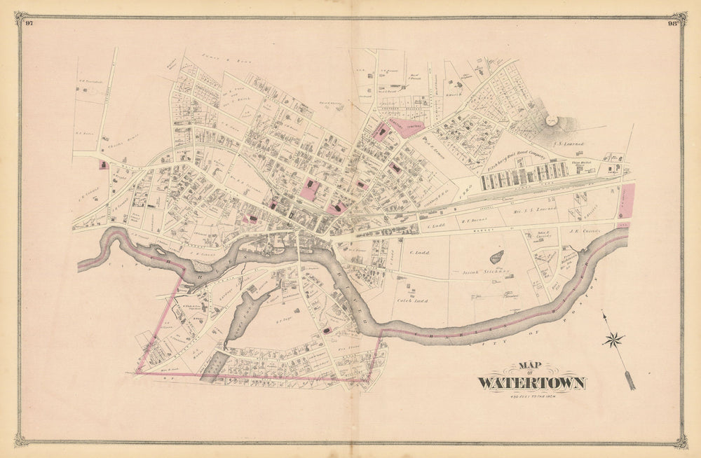 Watertown village—town centre & street plan—Massachusetts—F. W. Beers 1875 map