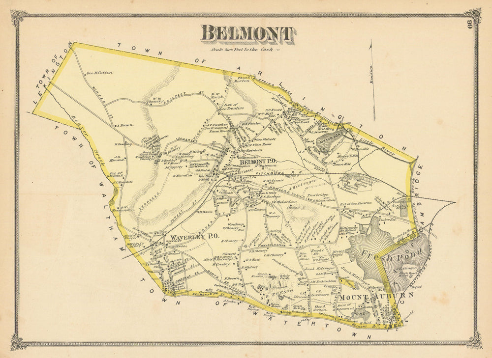 Belmont — Massachusetts town & land ownership plan — Frederick W. Beers 1875 map
