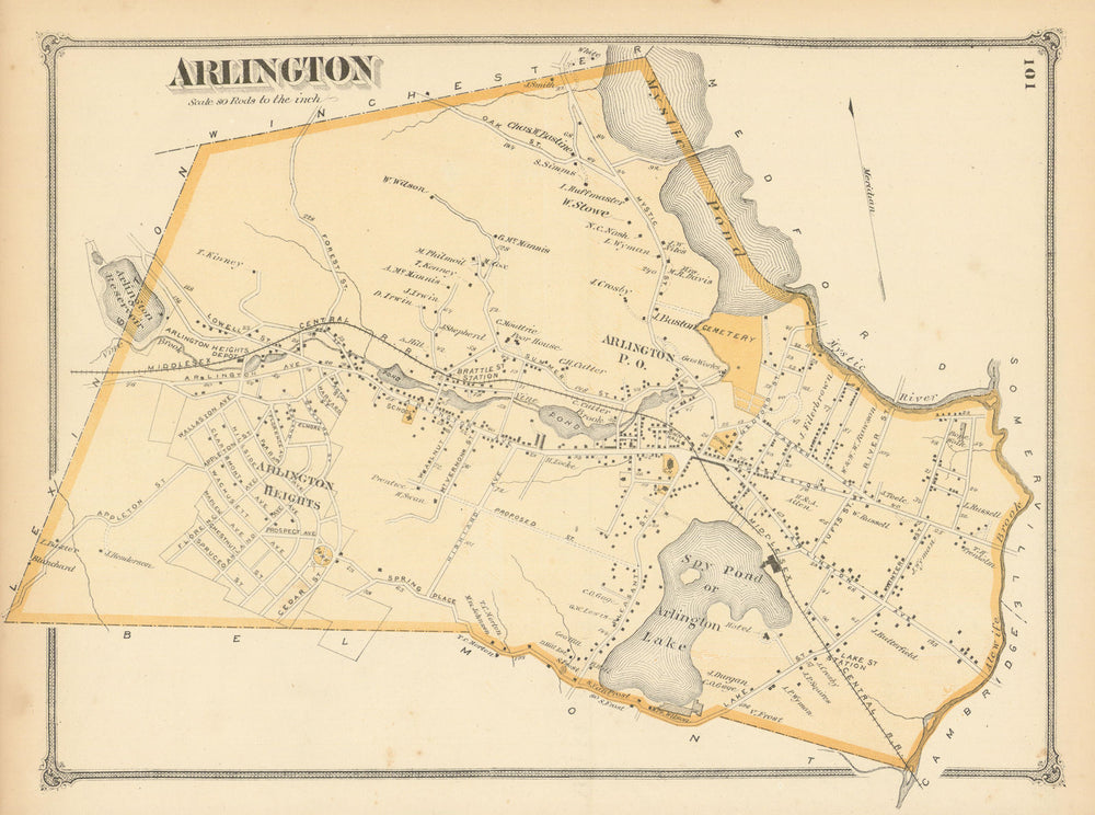 Arlington — Massachusetts town & land ownership plan — F. W. Beers 1875 map