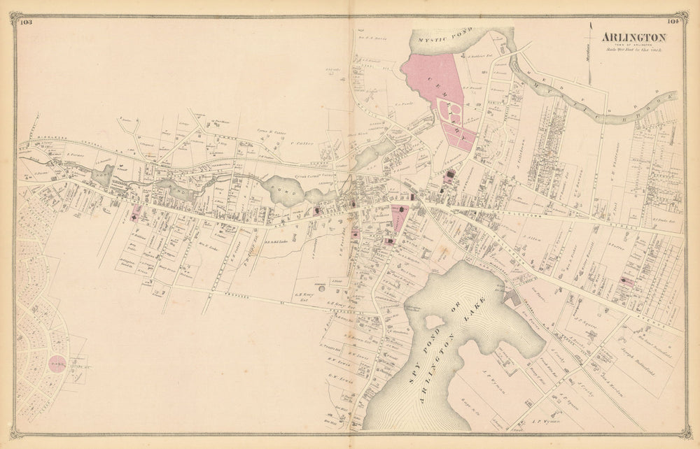 Arlington village—town centre & street plan—Massachusetts—F. W. Beers 1875 map