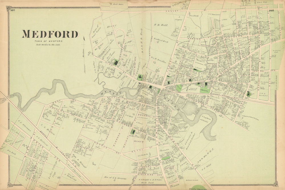 Medford village—town centre & street plan—Massachusetts—F. W. Beers 1875 map