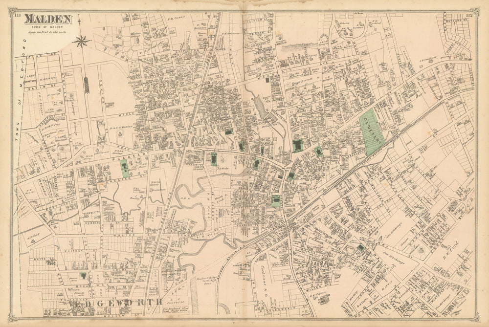 Malden village—town centre & street plan—Massachusetts—F. W. Beers 1875 map