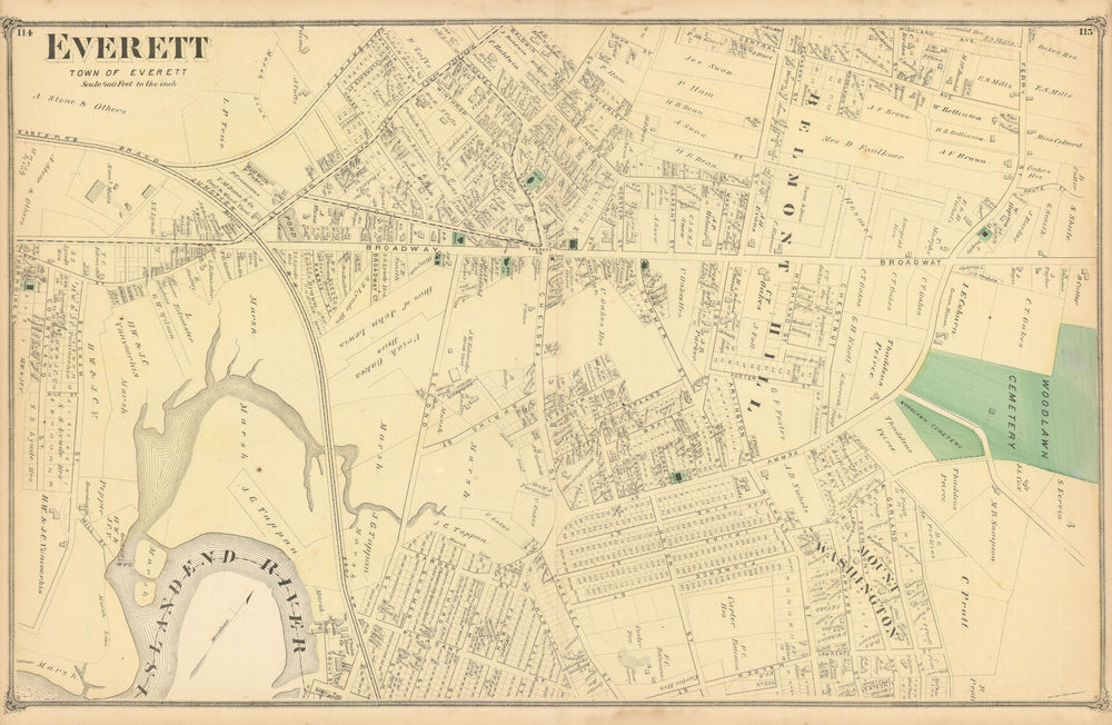 Everett — town & street plan — Massachusetts — Frederick W. Beers 1875 old map