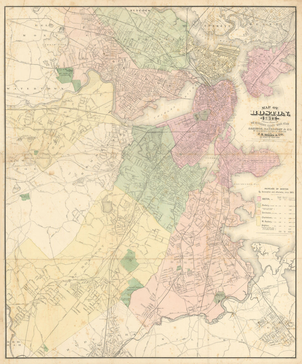 Boston—large folding city & street plan—Sampson & Davenport for Beers 1875 map