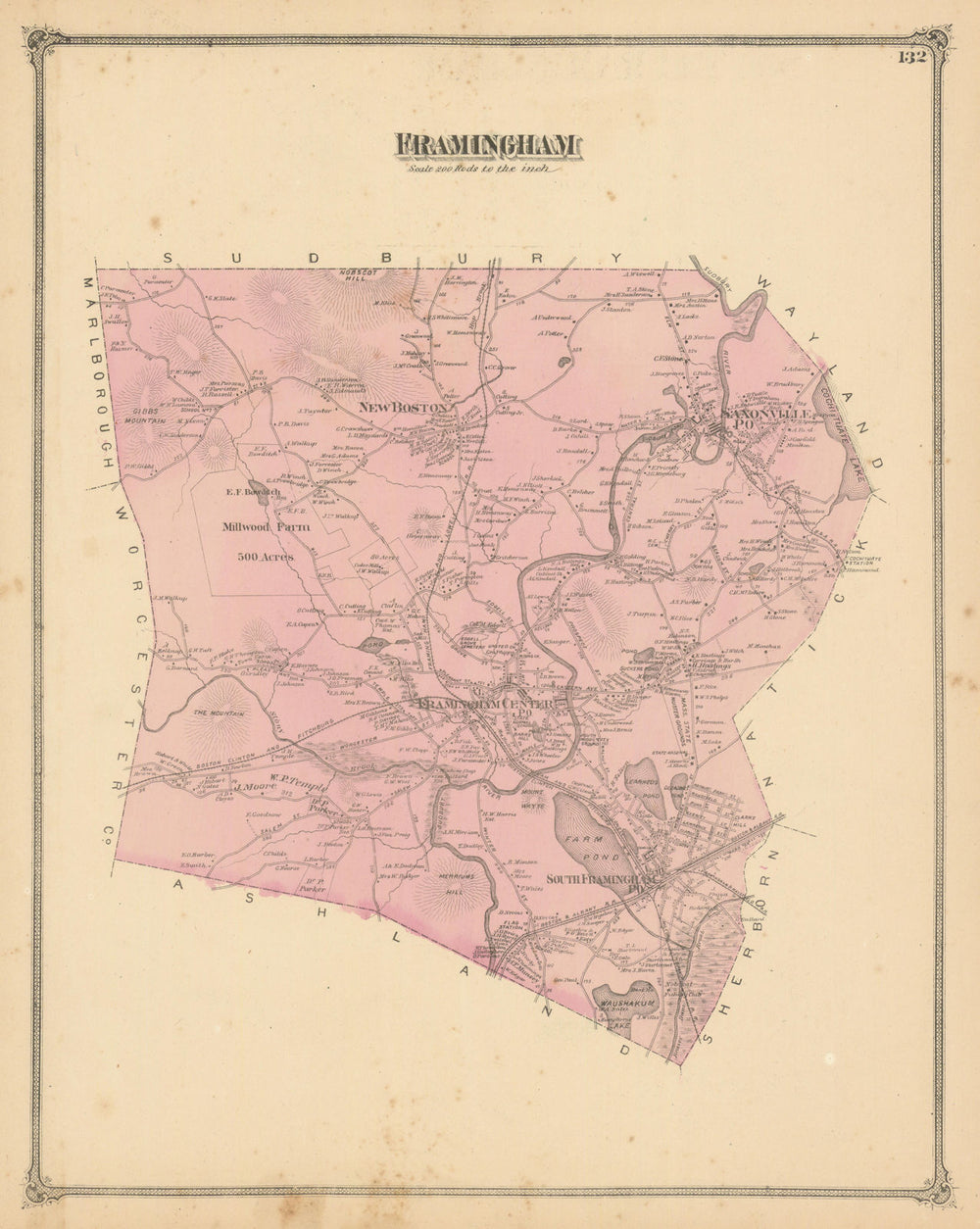 Framingham — Massachusetts town & land ownership plan — F. W. Beers 1875 map
