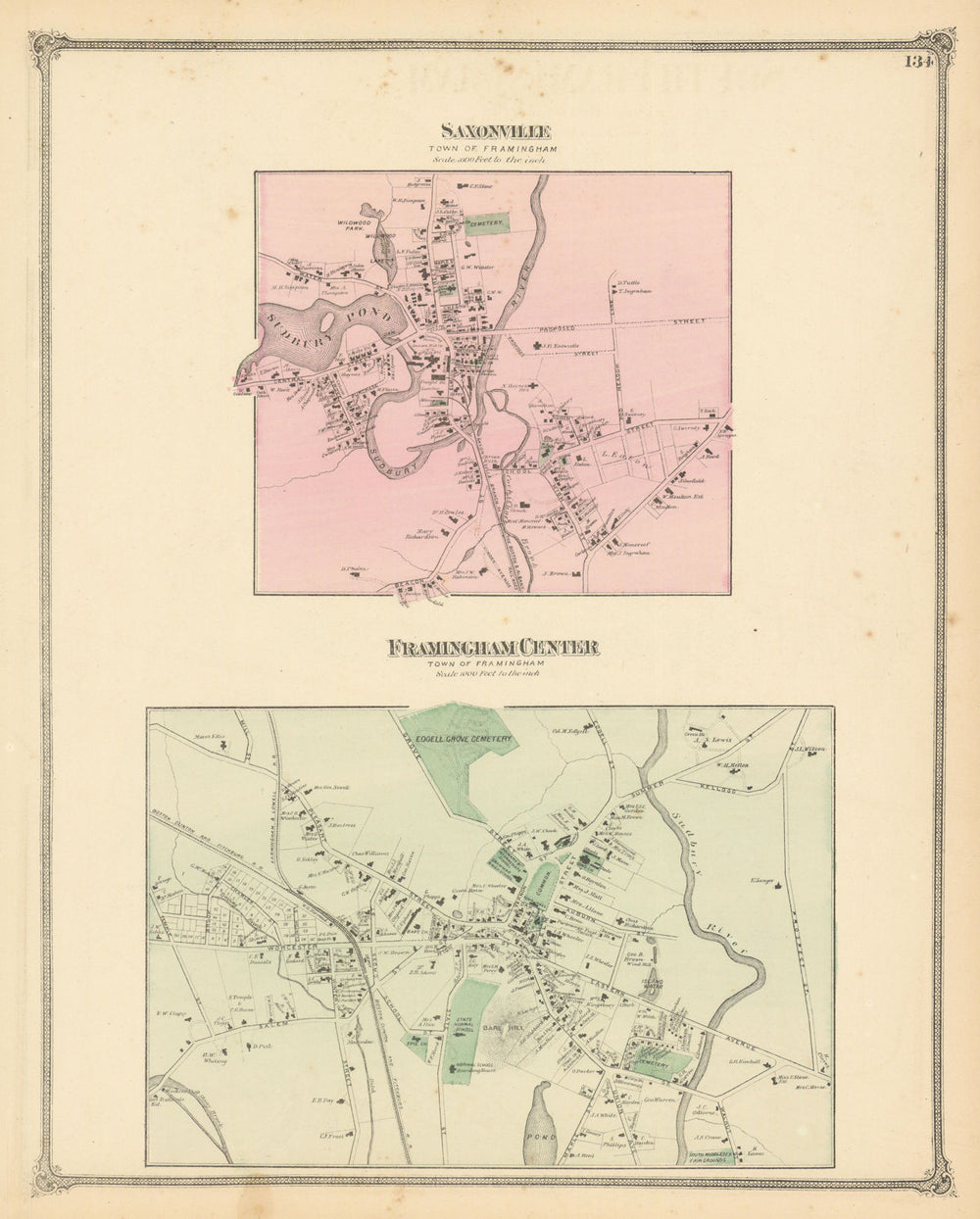 Saxonville & Framingham Center—Massachusetts village plans—F. W. Beers 1875 map